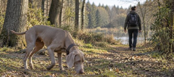 Chien Weimaraner sur un sentier forestier